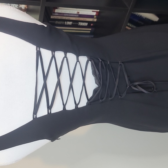 Vtg 80s ANN TAYLOR Black Square Neckine Lace-Up Back 20" Slit Long Maxi Gown - Picture 2 of 14